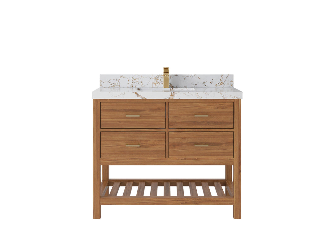 Parker Teak  42 in. W x 22 in. D Single Sink Bathroom Vanity in Golden with 2 in Viola Gold Quartz Countertop