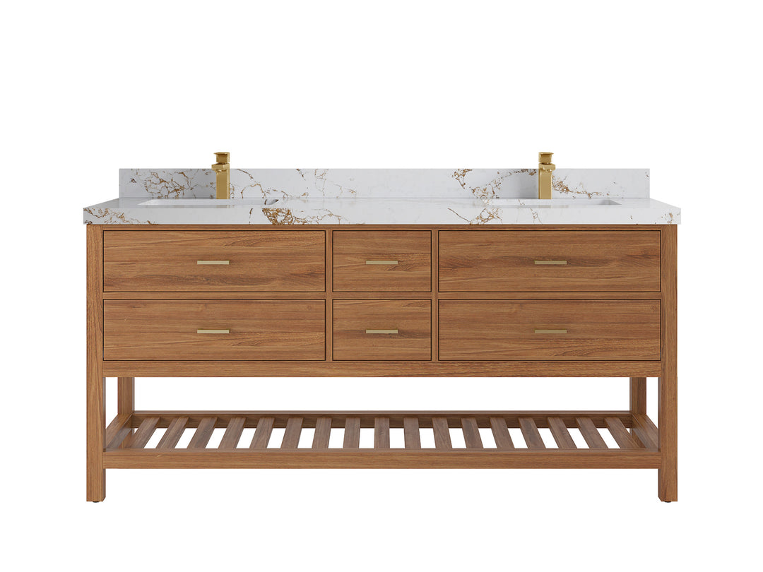Parker Teak 72 in. W x 22 in. D double Sink Bathroom Vanity in Golden with 2 in Viola Gold Quartz Countertop
