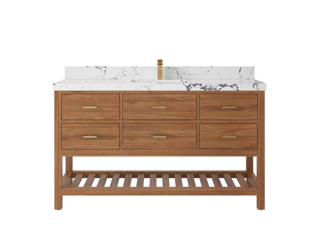 Parker Teak  60 in. W x 22 in. D Single Sink Bathroom Vanity in Golden with 2 in Viola Night Quartz Countertop