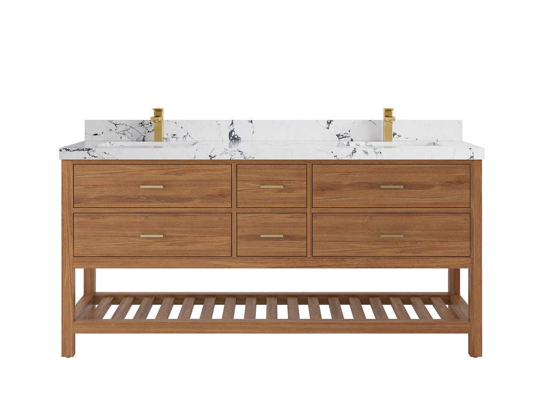 Parker Teak 72 in. W x 22 in. D double Sink Bathroom Vanity in Golden with 2 in Viola Night Quartz Countertop