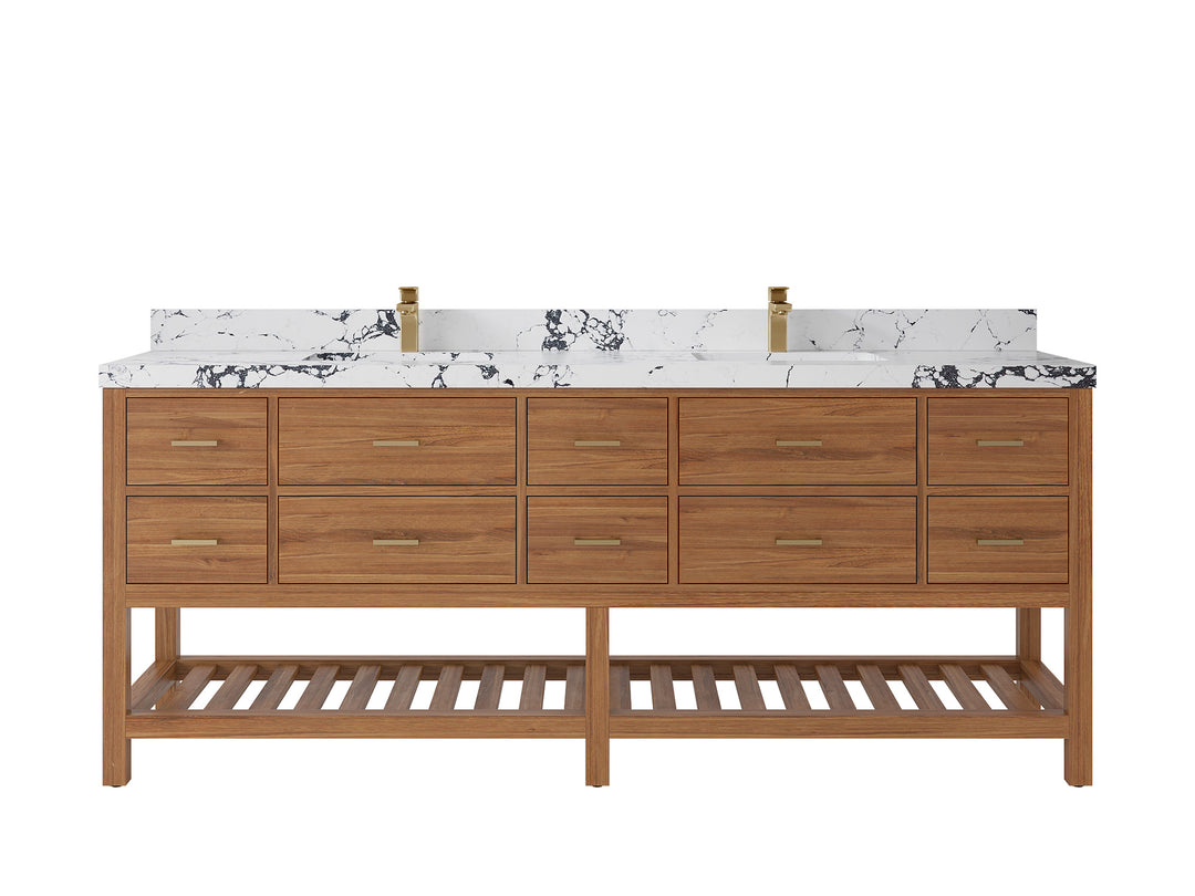 Parker Teak 84 in. W x 22 in. D double Sink Bathroom Vanity in Golden with 2 in Viola Night Quartz Countertop