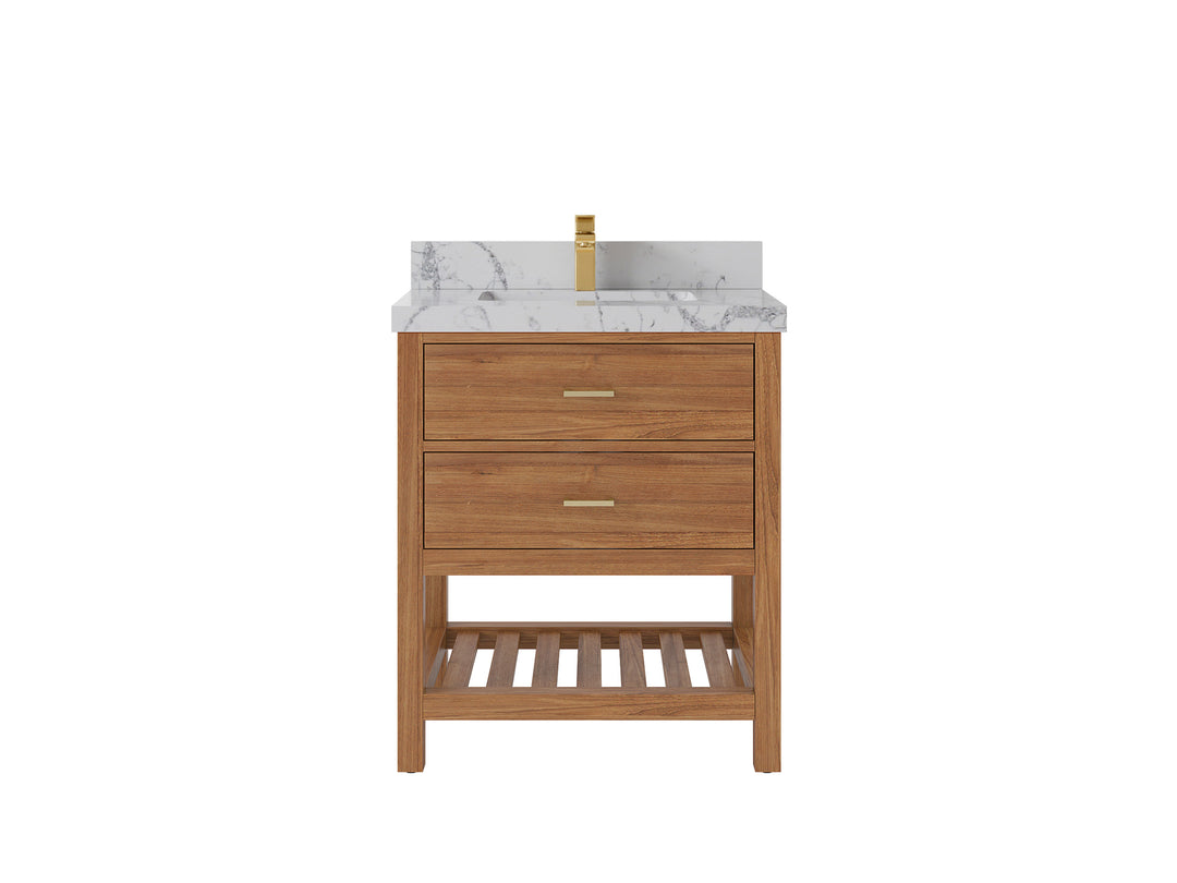 Parker Teak  30 in. W x 22 in. D Single Sink Bathroom Vanity in Golden with 2 in Venatino Quartz Countertop