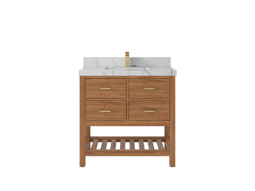 Parker Teak  36 in. W x 22 in. D Center Sink Bathroom Vanity in Golden with 2 in Venatino Quartz Countertop