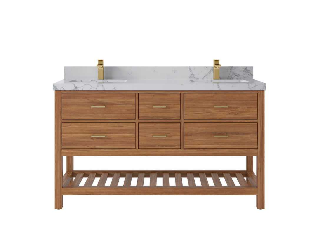 Parker Teak 60 in. W x 22 in. D double Sink Bathroom Vanity in Golden with 2 in Venatino Quartz Countertop