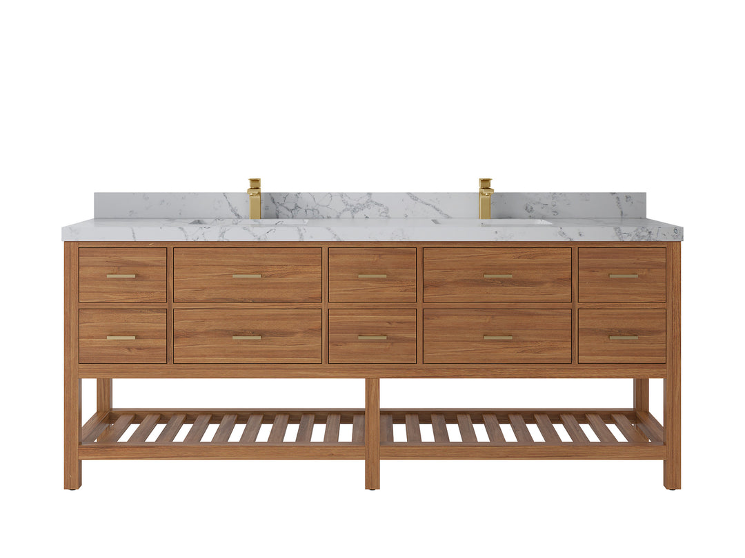 Parker Teak 84 in. W x 22 in. D double Sink Bathroom Vanity in Golden with 2 in Venatino Quartz Countertop
