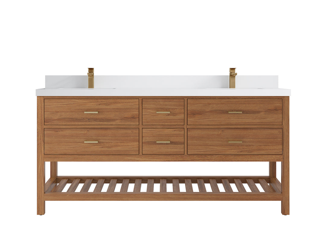 Parker Teak 72 in. W x 22 in. D double Sink Bathroom Vanity in Golden with 2 in White Quartz Countertop