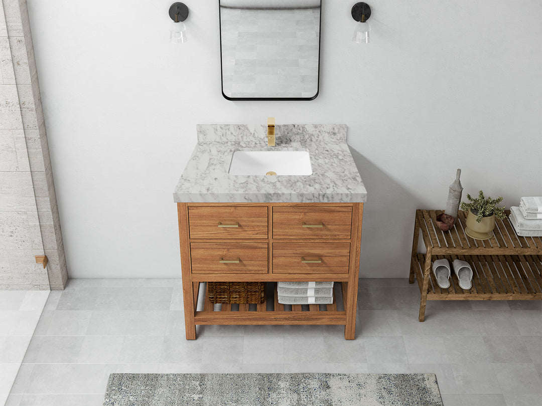 Parker Teak  36 in. W x 22 in. D Center Sink Bathroom Vanity in Golden with 2 in Carrara Marble Countertop – Top View