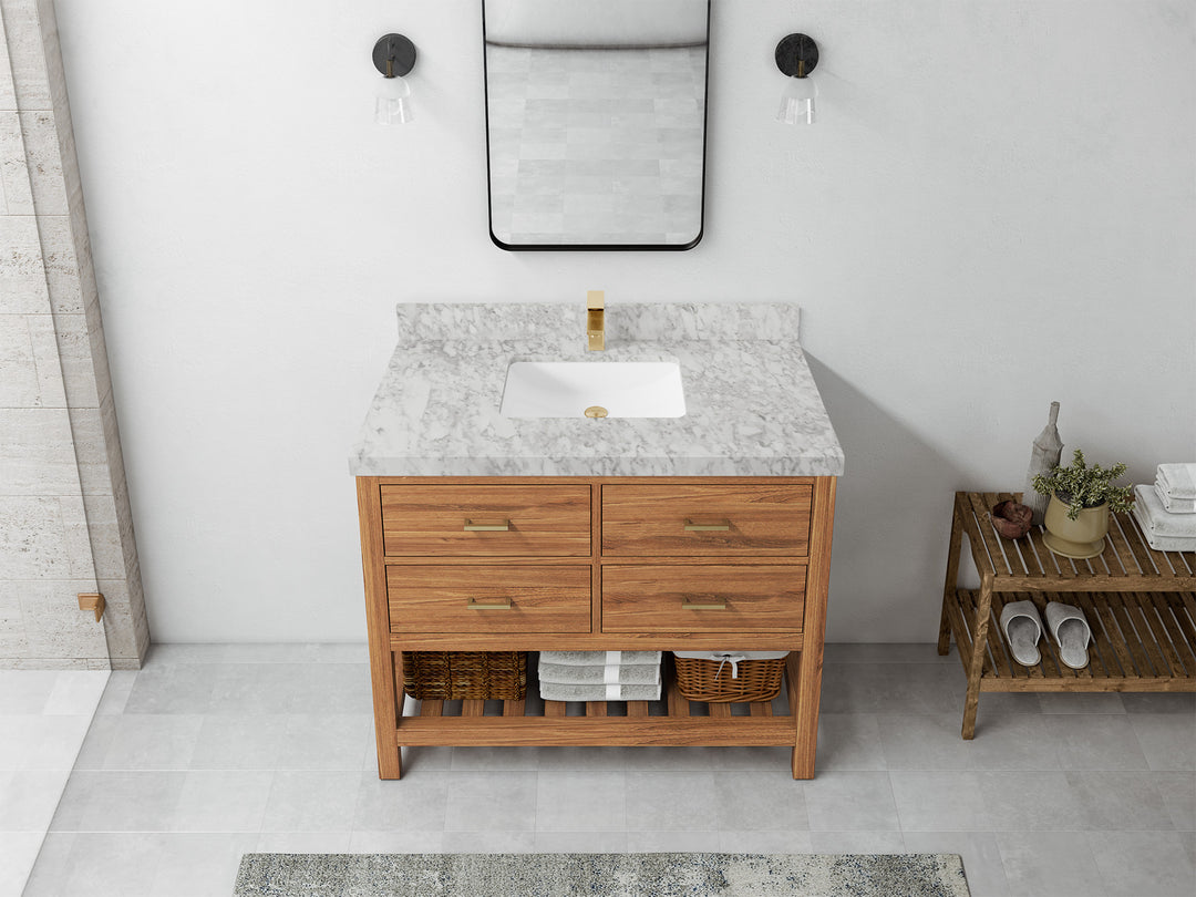 Parker Teak  42 in. W x 22 in. D Single Sink Bathroom Vanity in Golden with 2 in Carrara Marble Countertop – Top View