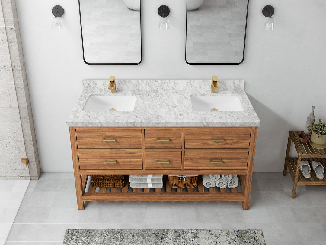 Parker Teak 60 in. W x 22 in. D double Sink Bathroom Vanity in Golden with 2 in Carrara Marble Countertop – Top View