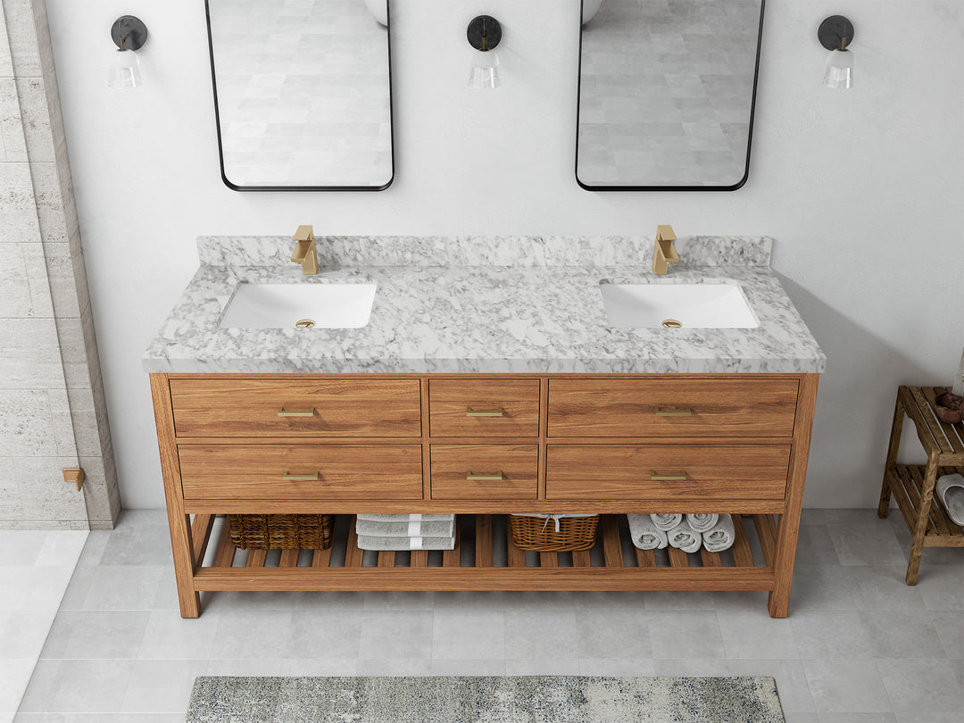 Parker Teak 72 in. W x 22 in. D double Sink Bathroom Vanity in Golden with 2 in Carrara Marble Countertop – Top View