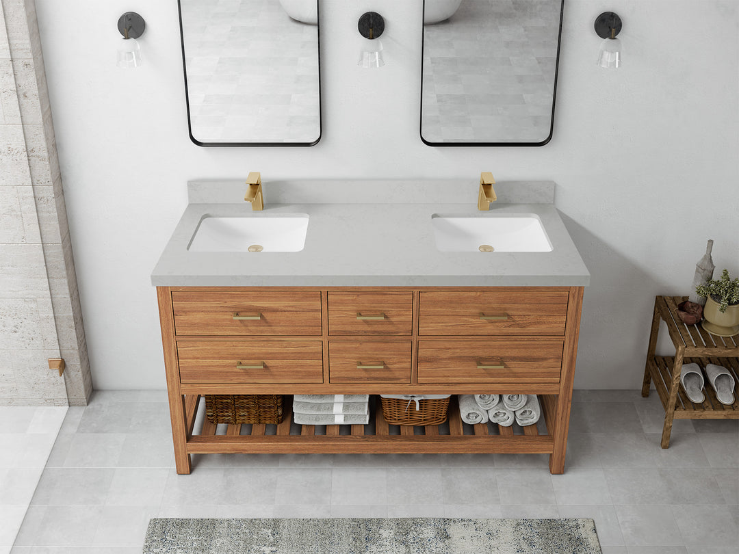 Parker Teak 60 in. W x 22 in. D double Sink Bathroom Vanity in Golden with 2 in Carrara Quartz Countertop – Top View