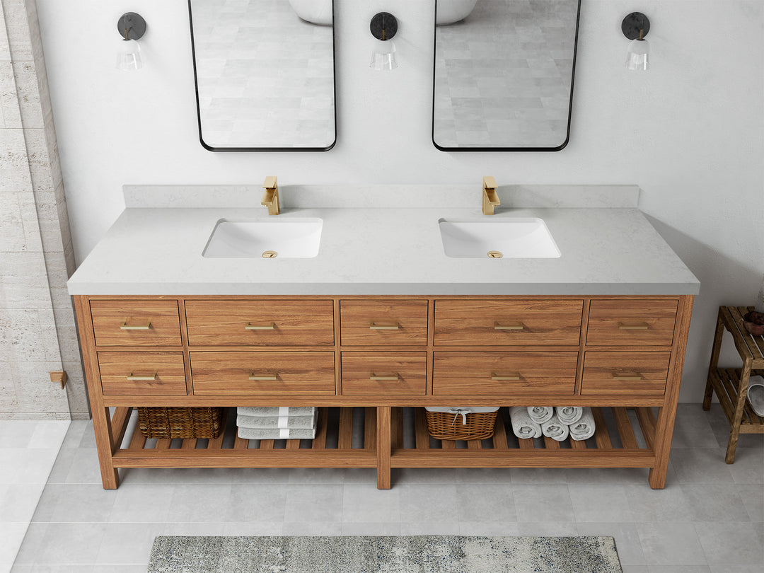 Parker Teak 84 in. W x 22 in. D double Sink Bathroom Vanity in Golden with 2 in Carrara Quartz Countertop – Top View