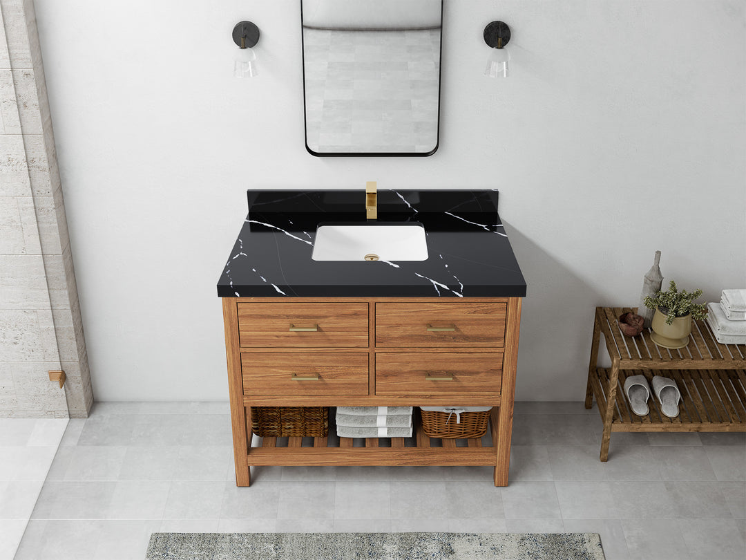 Parker Teak  42 in. W x 22 in. D Single Sink Bathroom Vanity in Golden with 2 in Calacatta Black Quartz Countertop – Top View