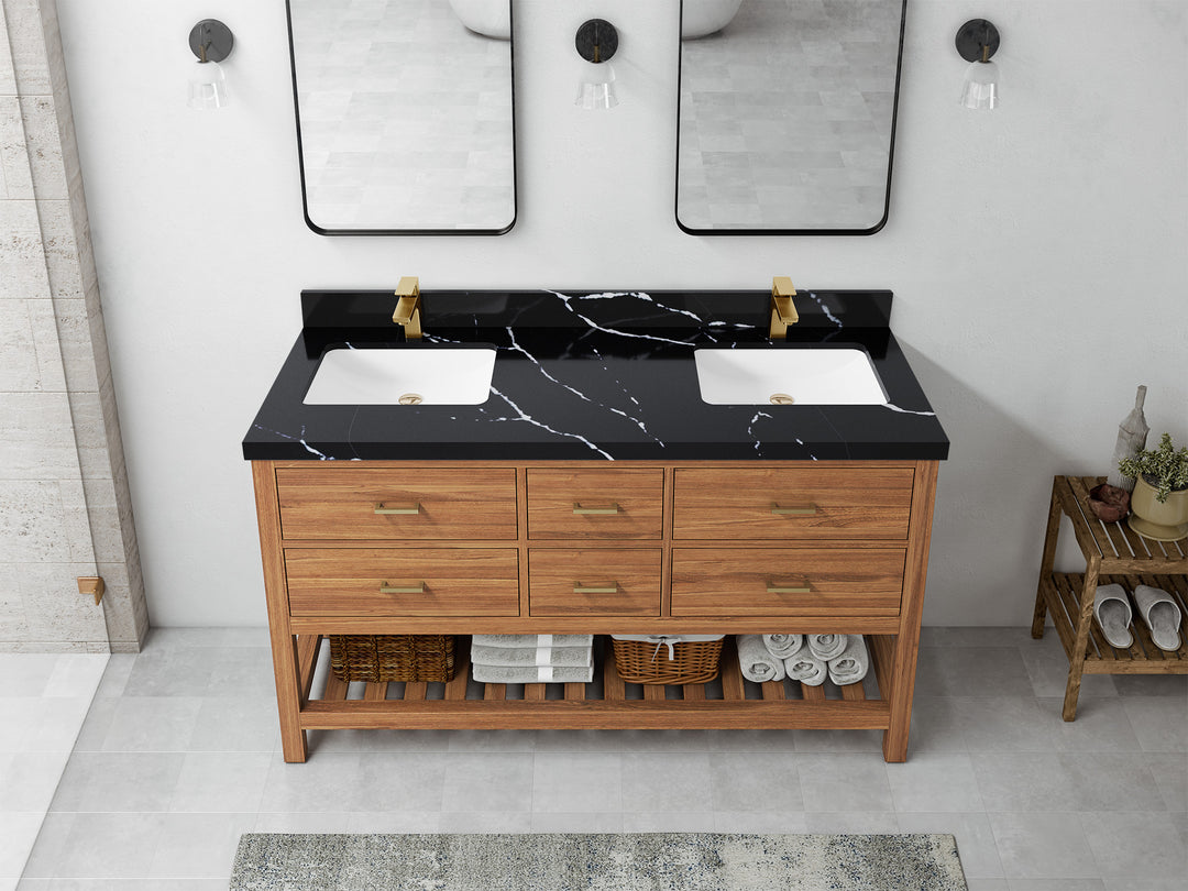 Parker Teak 60 in. W x 22 in. D double Sink Bathroom Vanity in Golden with 2 in Calacatta Black Quartz Countertop – Top View