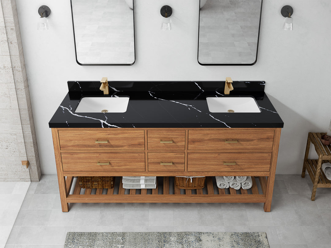 Parker Teak 72 in. W x 22 in. D double Sink Bathroom Vanity in Golden with 2 in Calacatta Black Quartz Countertop – Top View