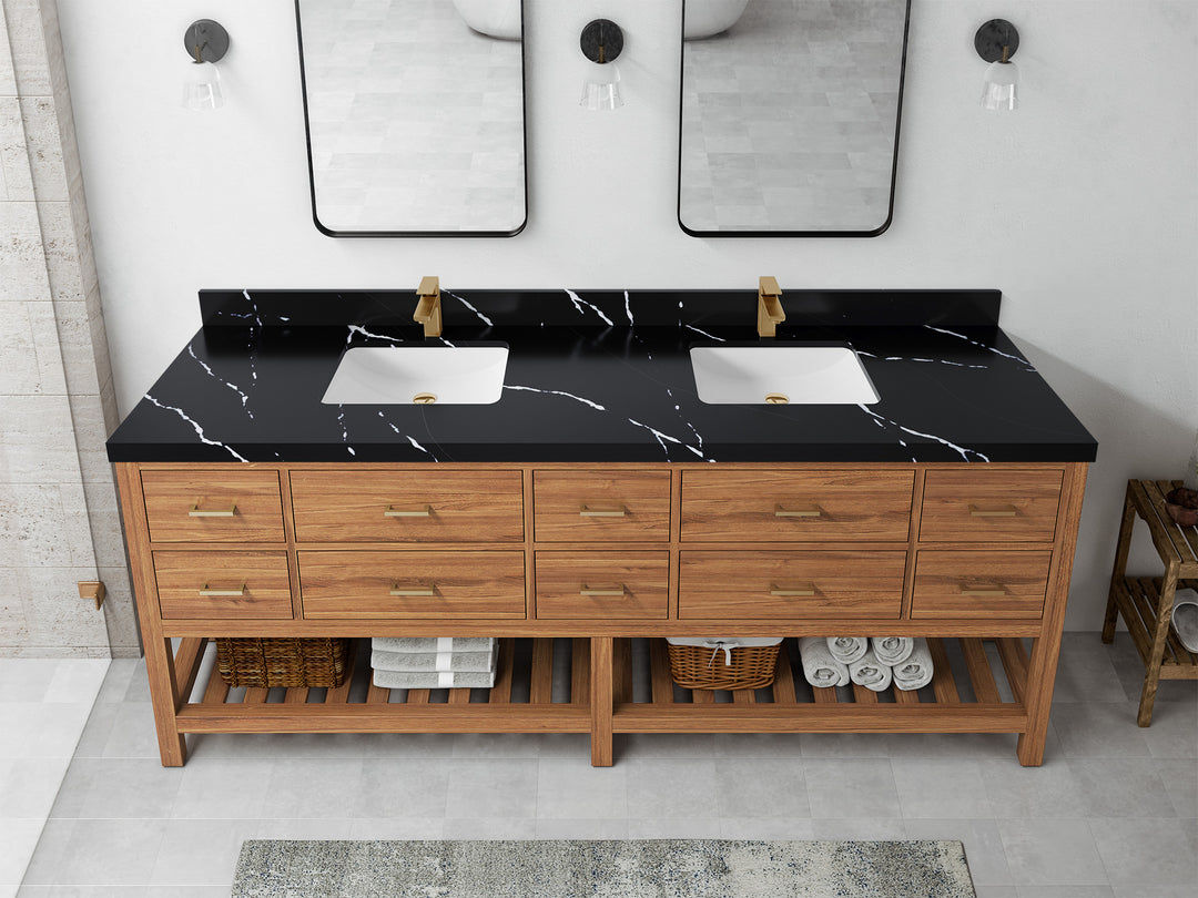 Parker Teak 84 in. W x 22 in. D double Sink Bathroom Vanity in Golden with 2 in Calacatta Black Quartz Countertop – Top View