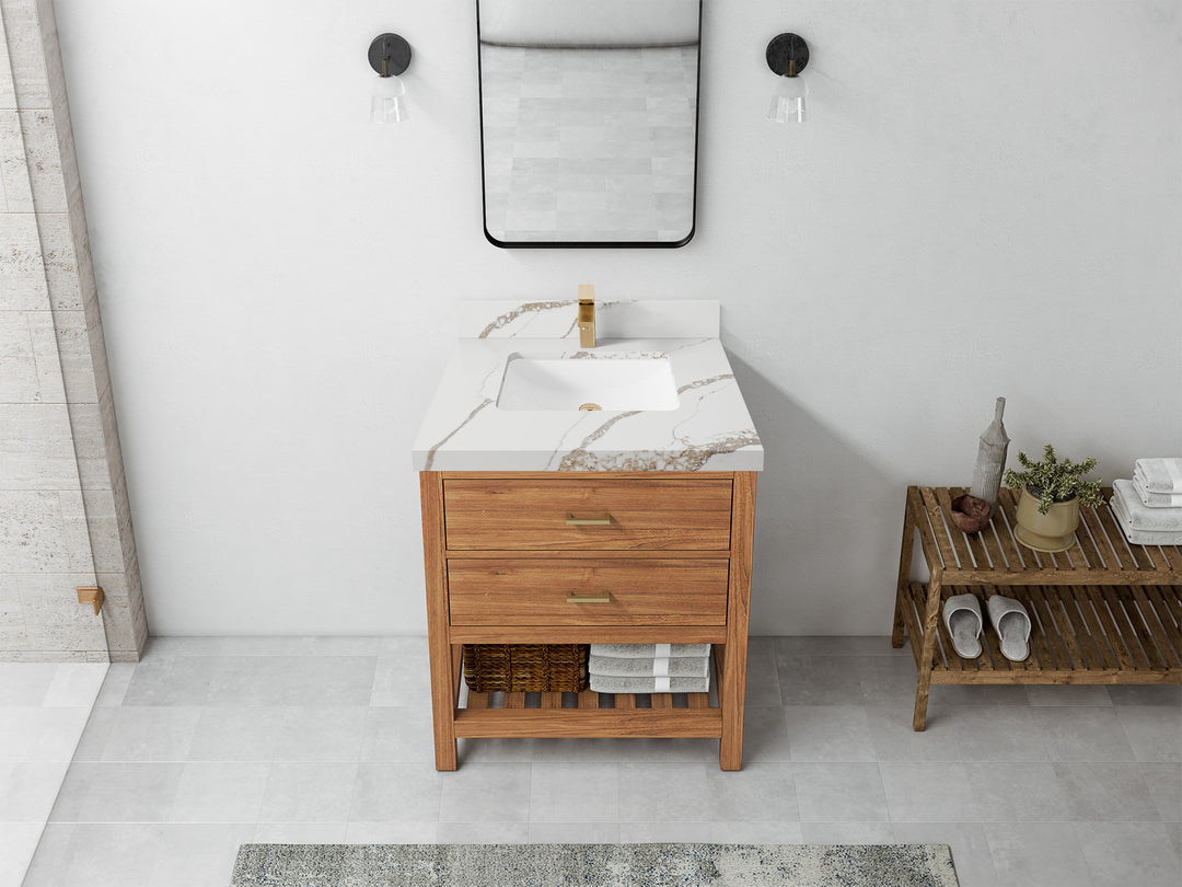 Parker Teak  30 in. W x 22 in. D Single Sink Bathroom Vanity in Golden with 2 in Calacatta Gold Quartz Countertop – Top View