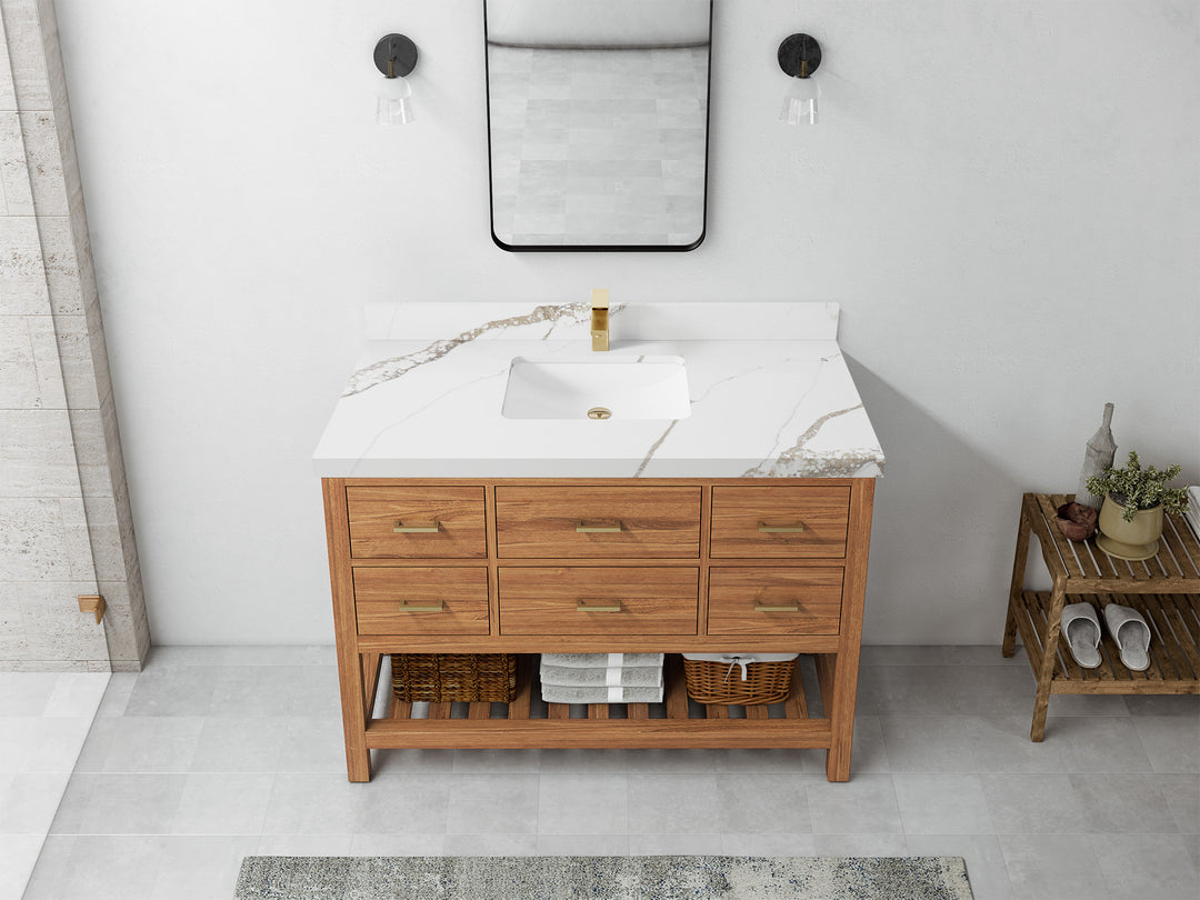 Parker Teak  48 in. W x 22 in. D Single Sink Bathroom Vanity in Golden with 2 in Calacatta Gold Quartz Countertop – Top View