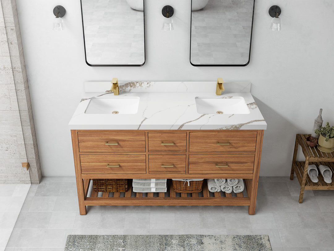 Parker Teak 60 in. W x 22 in. D double Sink Bathroom Vanity in Golden with 2 in Calacatta Gold Quartz Countertop – Top View