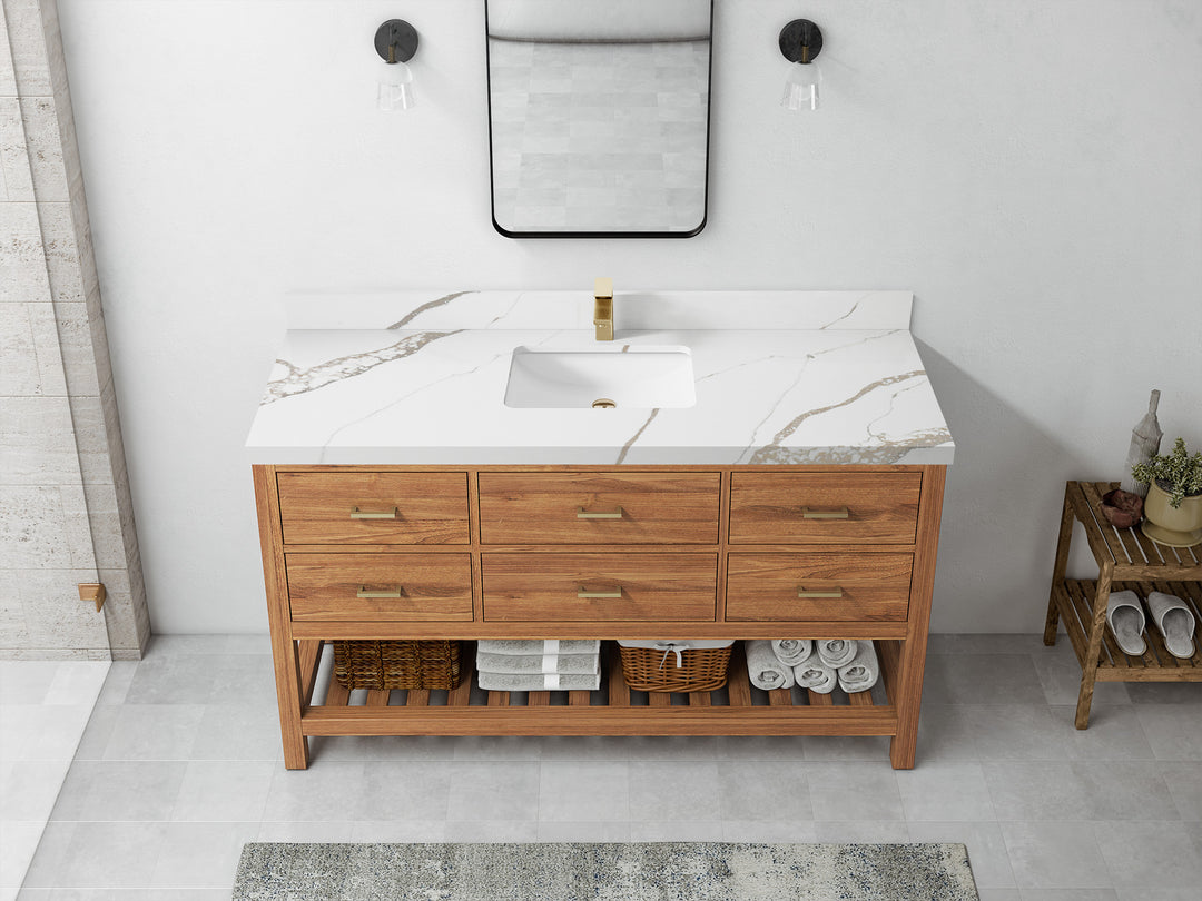 Parker Teak  60 in. W x 22 in. D Single Sink Bathroom Vanity in Golden with 2 in Calacatta Gold Quartz Countertop – Top View