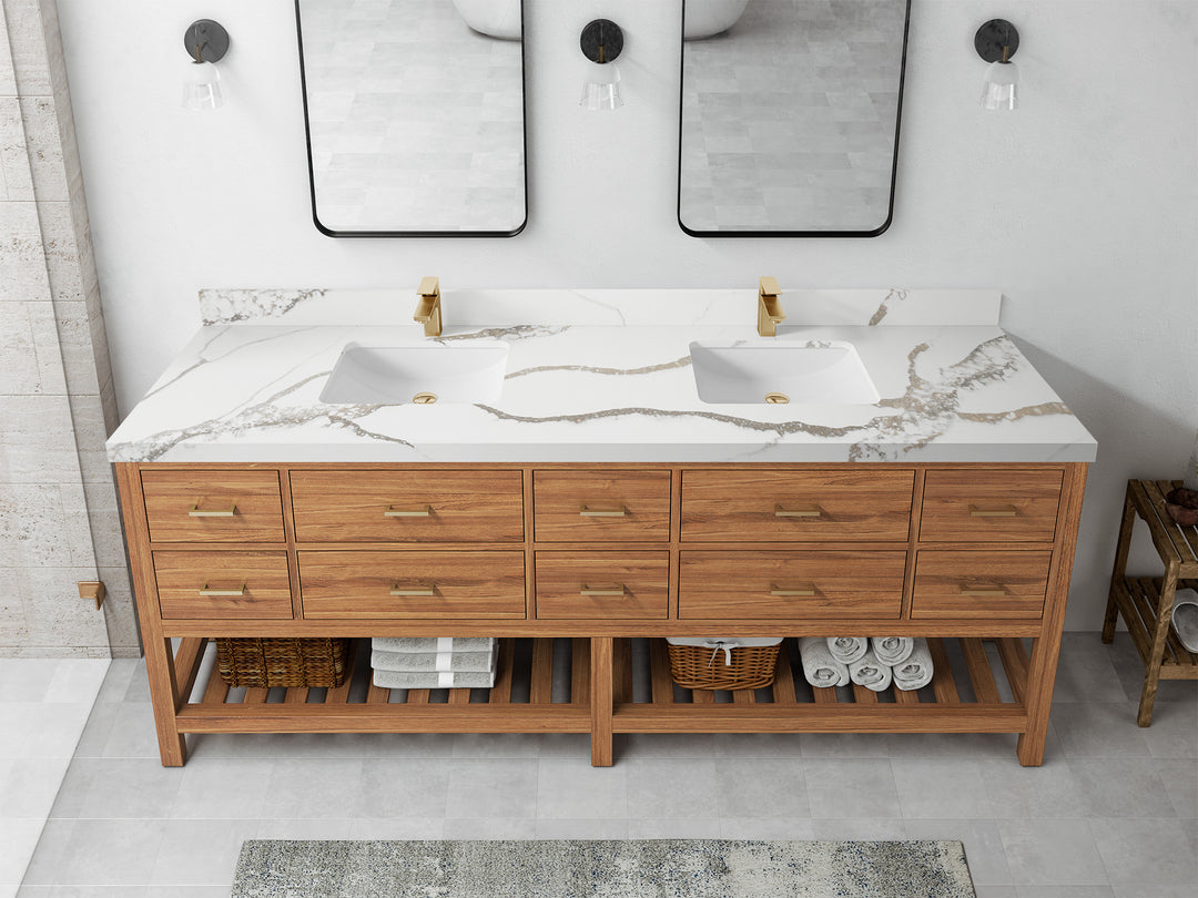 Parker Teak 84 in. W x 22 in. D double Sink Bathroom Vanity in Golden with 2 in Calacatta Gold Quartz Countertop – Top View