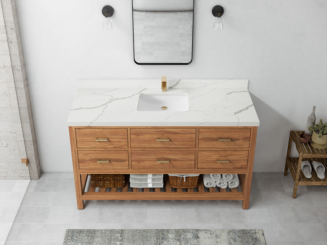 Parker Teak  60 in. W x 22 in. D Single Sink Bathroom Vanity in Golden with 2 in Calacatta Laza Quartz Countertop – Top View