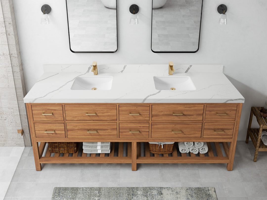 Parker Teak 84 in. W x 22 in. D double Sink Bathroom Vanity in Golden with 2 in Calacatta Laza Quartz Countertop – Top View