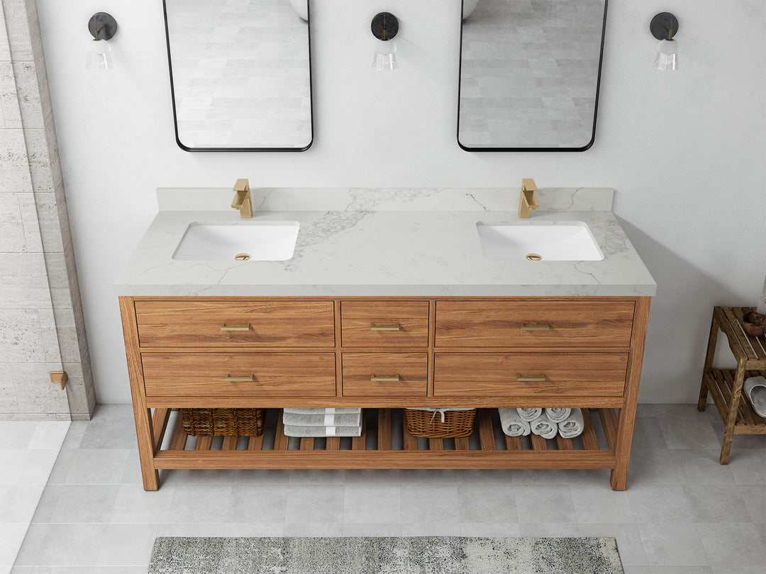 Parker Teak 72 in. W x 22 in. D double Sink Bathroom Vanity in Golden with 2 in Calacatta Nuvo Quartz Countertop – Top View
