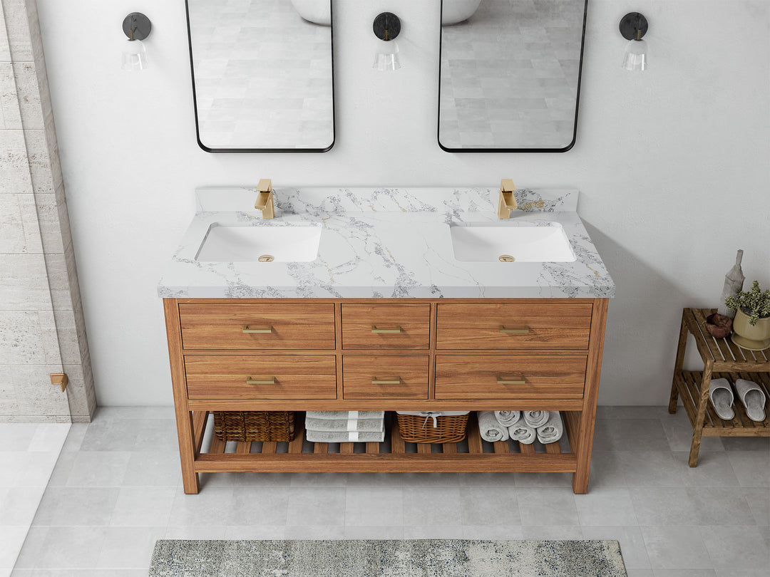Parker Teak 60 in. W x 22 in. D double Sink Bathroom Vanity in Golden with 2 in Poanazzo Quartz Countertop – Top View
