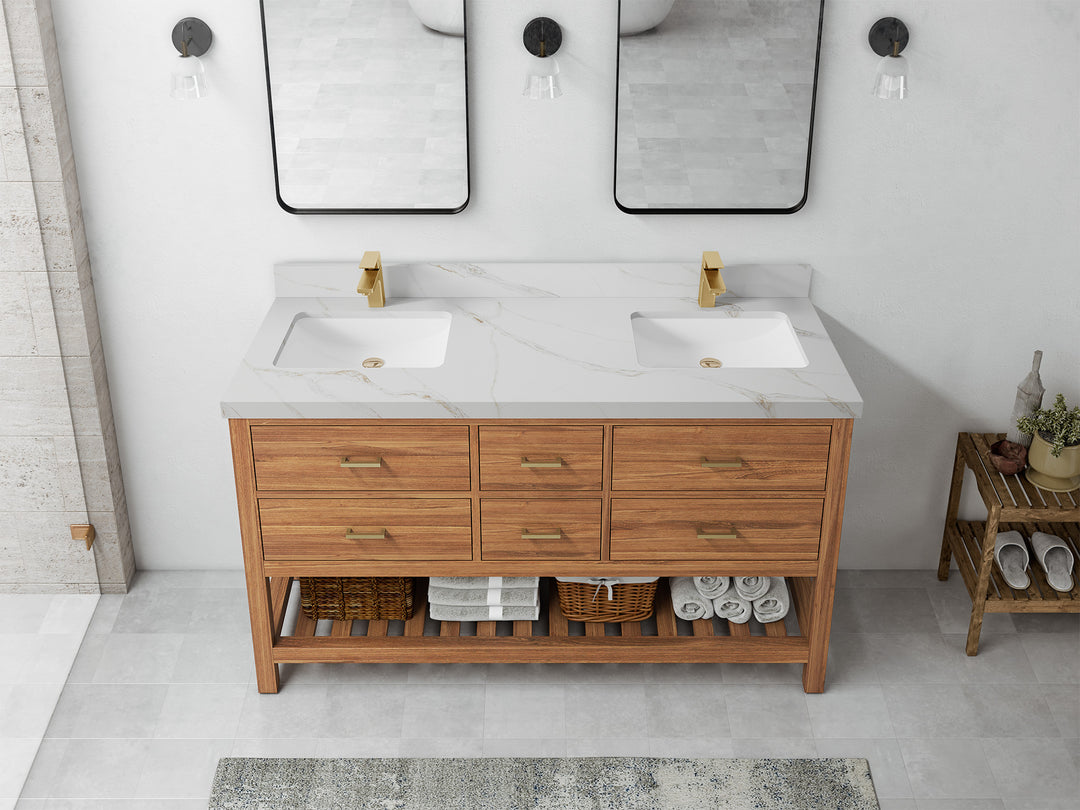 Parker Teak 60 in. W x 22 in. D double Sink Bathroom Vanity in Golden with 2 in Calacatta Sienna Quartz Countertop – Top View