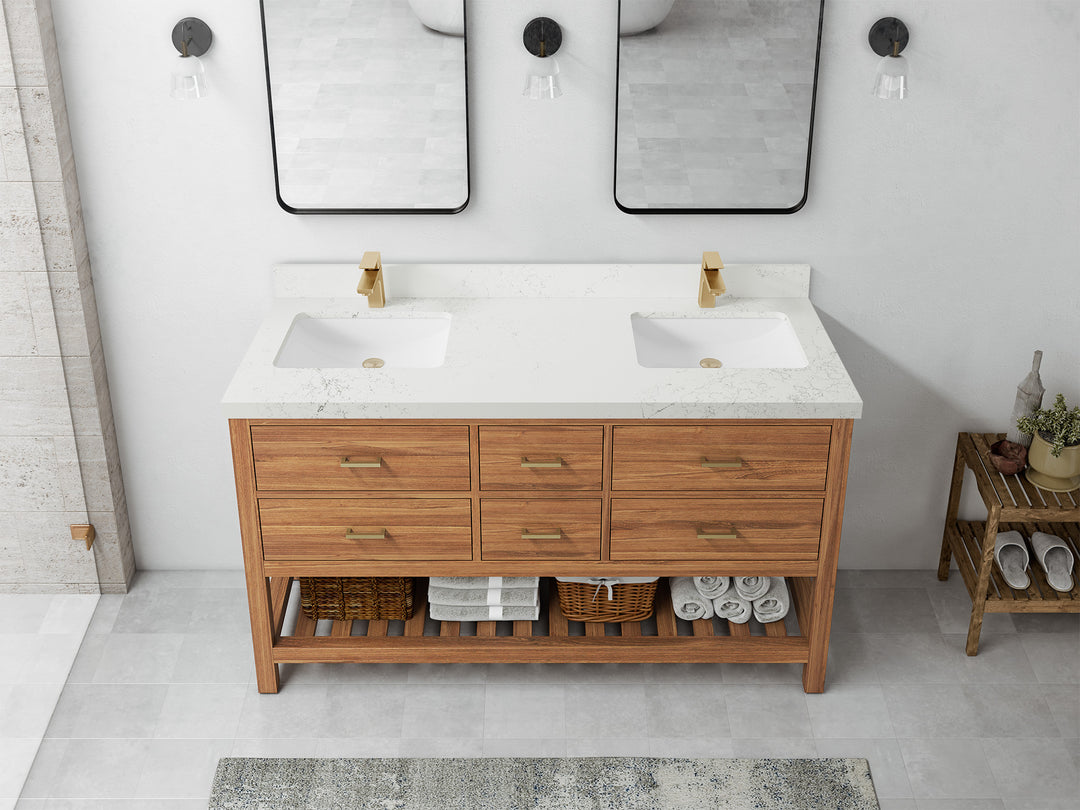 Parker Teak 60 in. W x 22 in. D double Sink Bathroom Vanity in Golden with 2 in Empira White Quartz Countertop – Top View