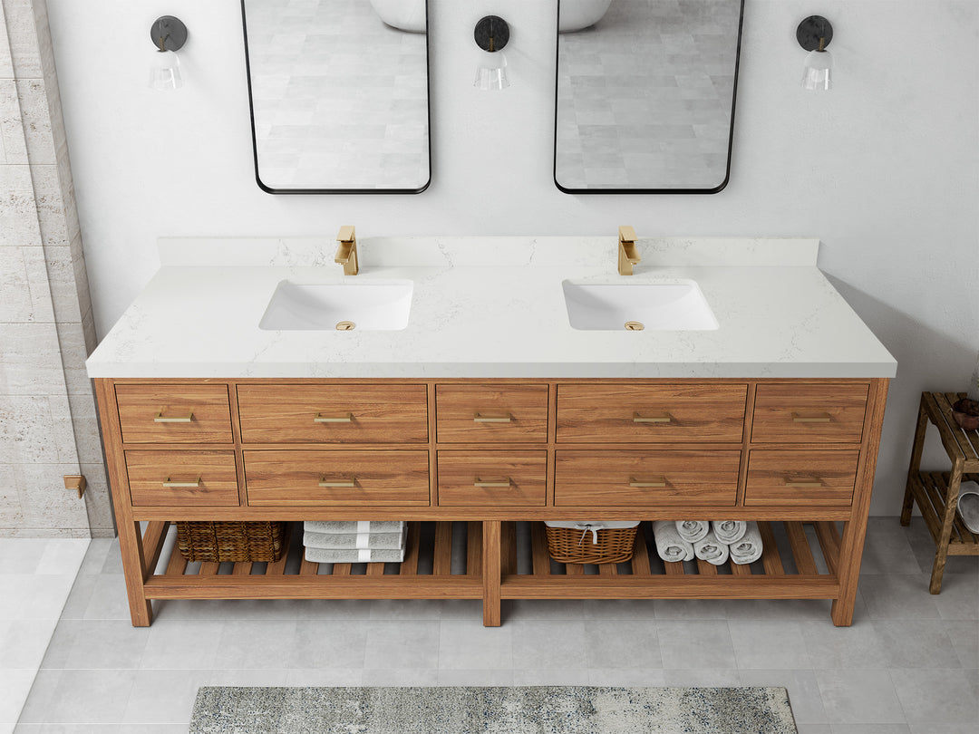 Parker Teak 84 in. W x 22 in. D double Sink Bathroom Vanity in Golden with 2 in Empira White Quartz Countertop – Top View