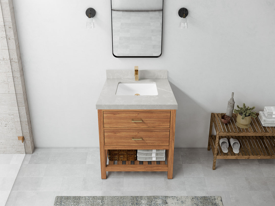 Parker Teak  30 in. W x 22 in. D Single Sink Bathroom Vanity in Golden with 2 in Pearl Light Gray Quartz Countertop – Top View
