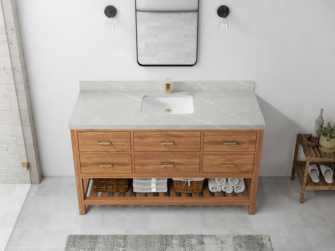 Parker Teak  60 in. W x 22 in. D Single Sink Bathroom Vanity in Golden with 2 in Pearl Light Gray Quartz Countertop – Top View