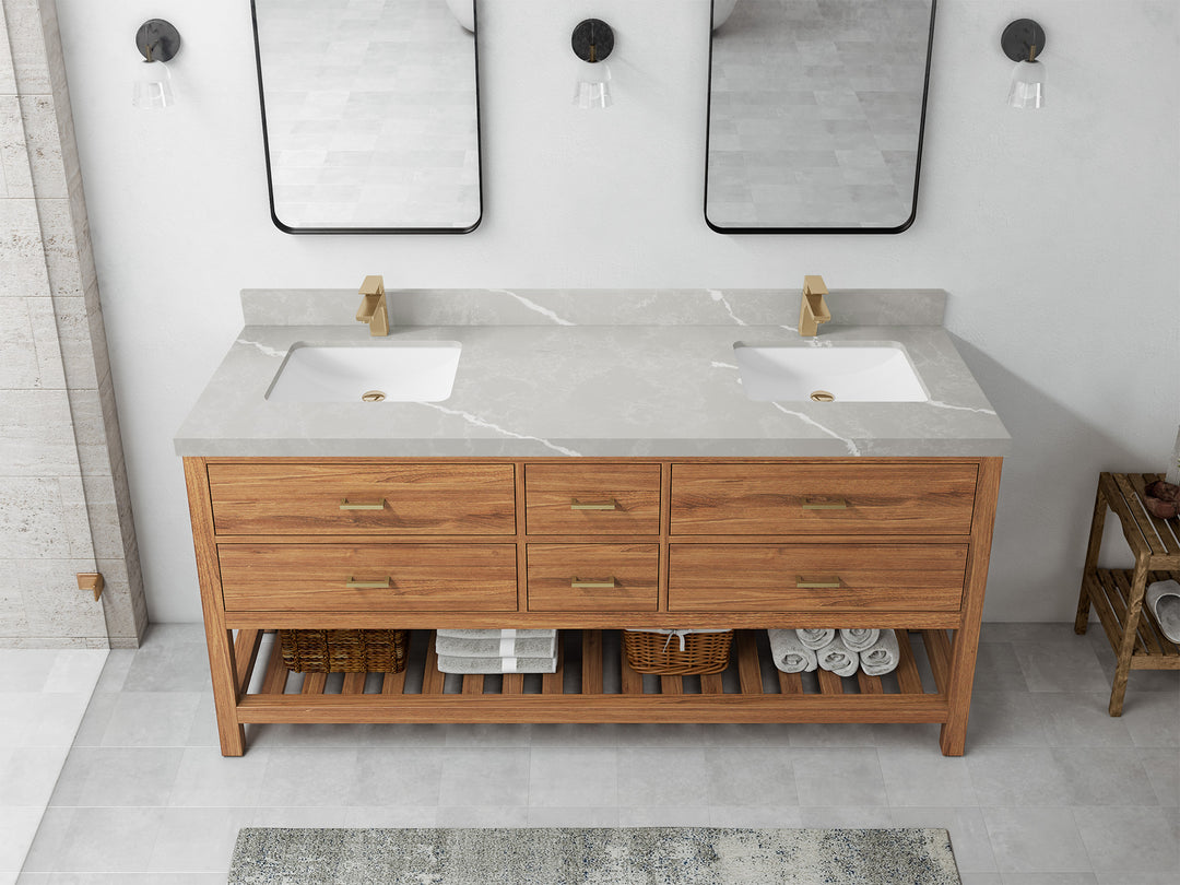Parker Teak 72 in. W x 22 in. D double Sink Bathroom Vanity in Golden with 2 in Pearl Light Gray Quartz Countertop – Top View