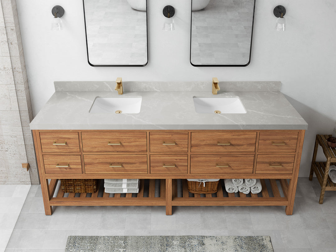 Parker Teak 84 in. W x 22 in. D double Sink Bathroom Vanity in Golden with 2 in Pearl Light Gray Quartz Countertop – Top View