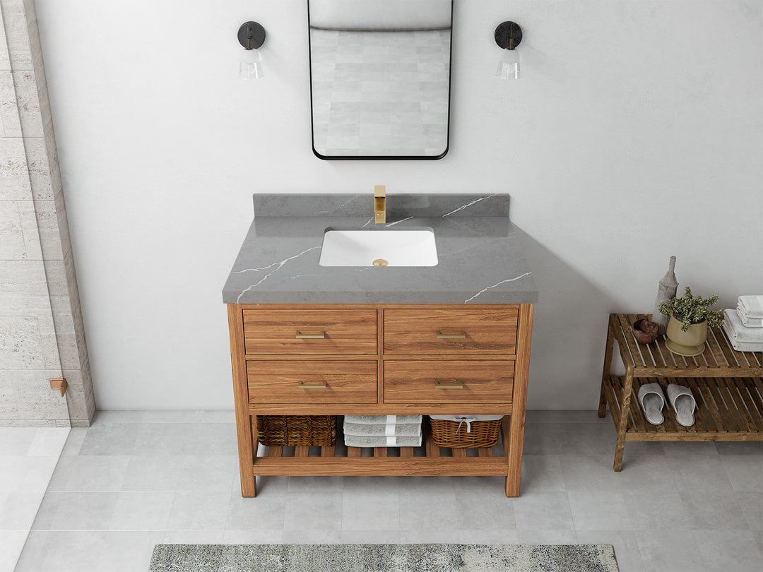 Parker Teak  42 in. W x 22 in. D Single Sink Bathroom Vanity in Golden with 2 in Piatra Gray Quartz Countertop – Top View
