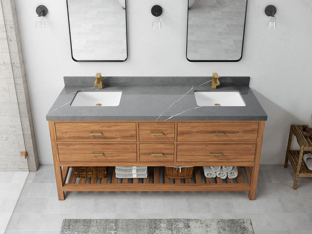 Parker Teak 72 in. W x 22 in. D double Sink Bathroom Vanity in Golden with 2 in Piatra Gray Quartz Countertop – Top View