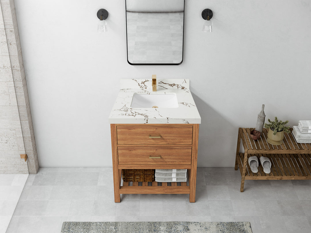 Parker Teak  30 in. W x 22 in. D Single Sink Bathroom Vanity in Golden with 2 in Viola Brown Quartz Countertop – Top View