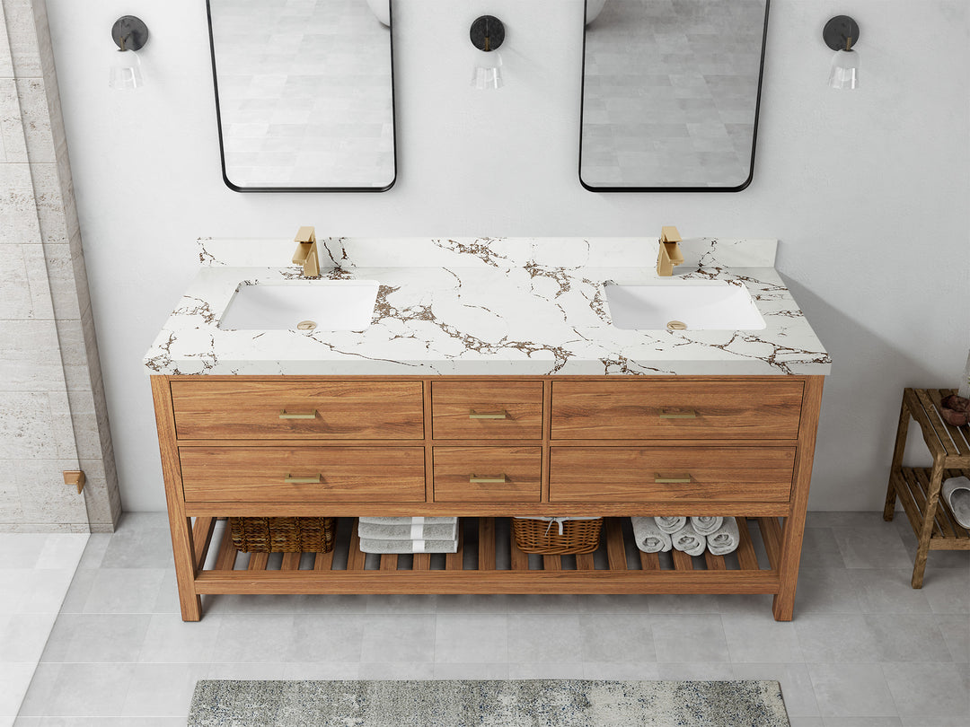 Parker Teak 72 in. W x 22 in. D double Sink Bathroom Vanity in Golden with 2 in Viola Brown Quartz Countertop – Top View