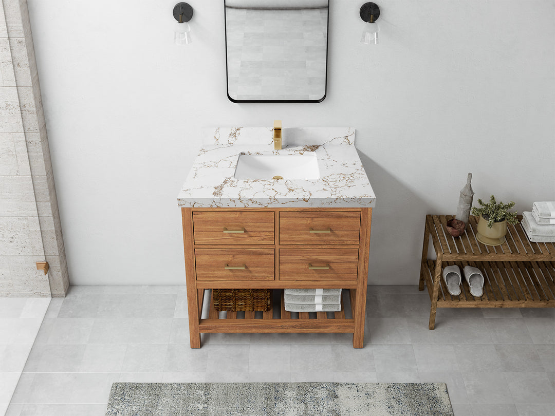 Parker Teak  36 in. W x 22 in. D Center Sink Bathroom Vanity in Golden with 2 in Viola Gold Quartz Countertop – Top View