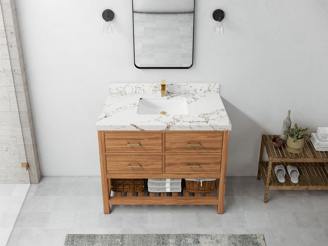 Parker Teak  42 in. W x 22 in. D Single Sink Bathroom Vanity in Golden with 2 in Viola Gold Quartz Countertop – Top View