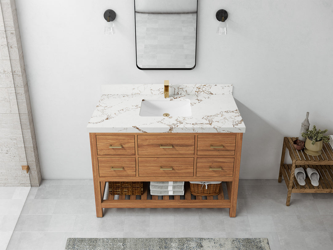 Parker Teak  48 in. W x 22 in. D Single Sink Bathroom Vanity in Golden with 2 in Viola Gold Quartz Countertop – Top View