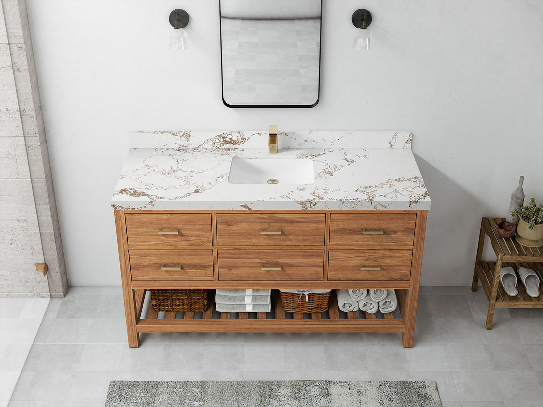 Parker Teak  60 in. W x 22 in. D Single Sink Bathroom Vanity in Golden with 2 in Viola Gold Quartz Countertop – Top View