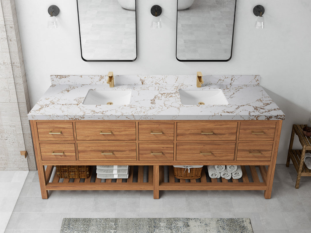 Parker Teak 84 in. W x 22 in. D double Sink Bathroom Vanity in Golden with 2 in Viola Gold Quartz Countertop – Top View