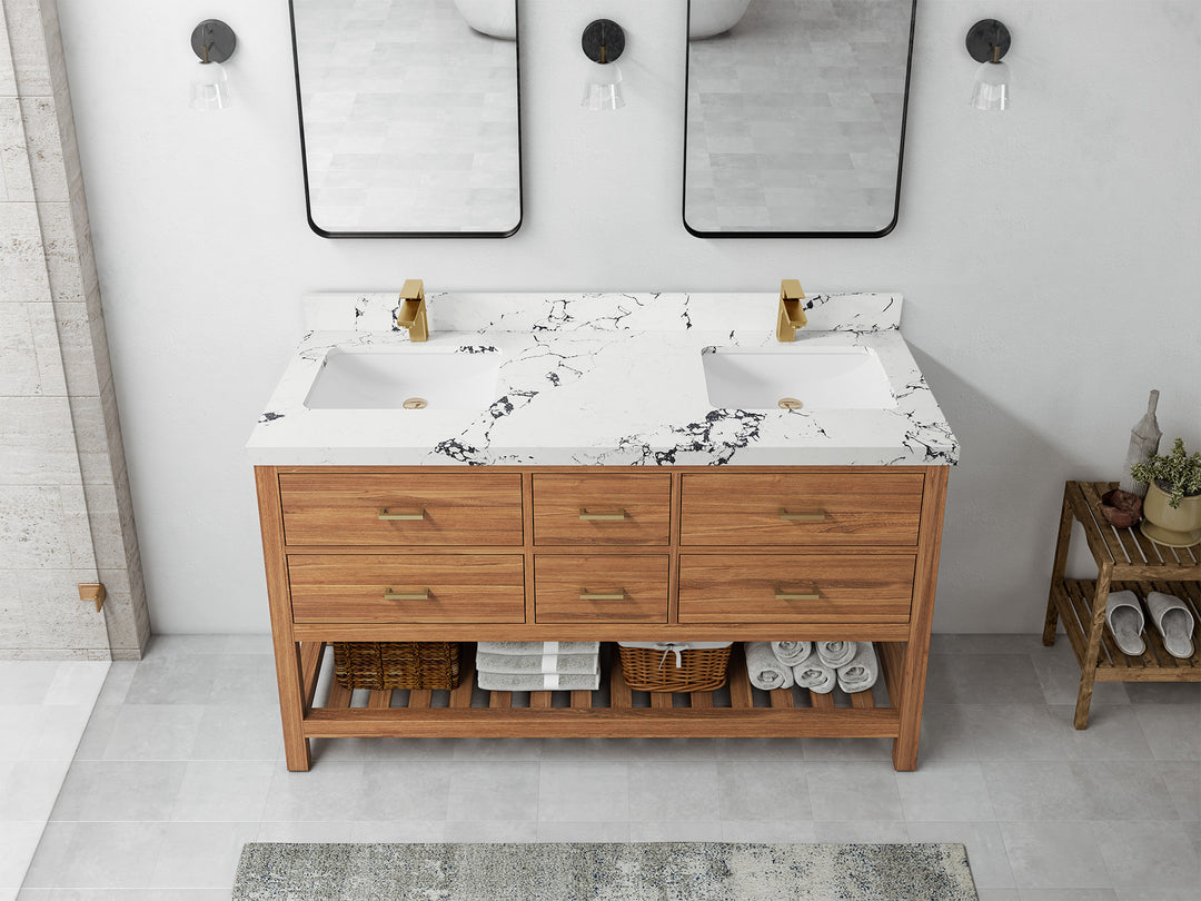 Parker Teak 60 in. W x 22 in. D double Sink Bathroom Vanity in Golden with 2 in Viola Night Quartz Countertop – Top View