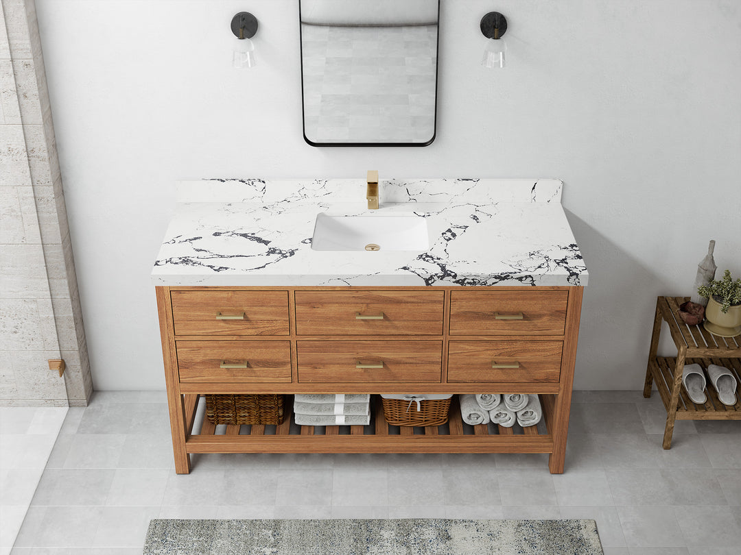 Parker Teak  60 in. W x 22 in. D Single Sink Bathroom Vanity in Golden with 2 in Viola Night Quartz Countertop – Top View