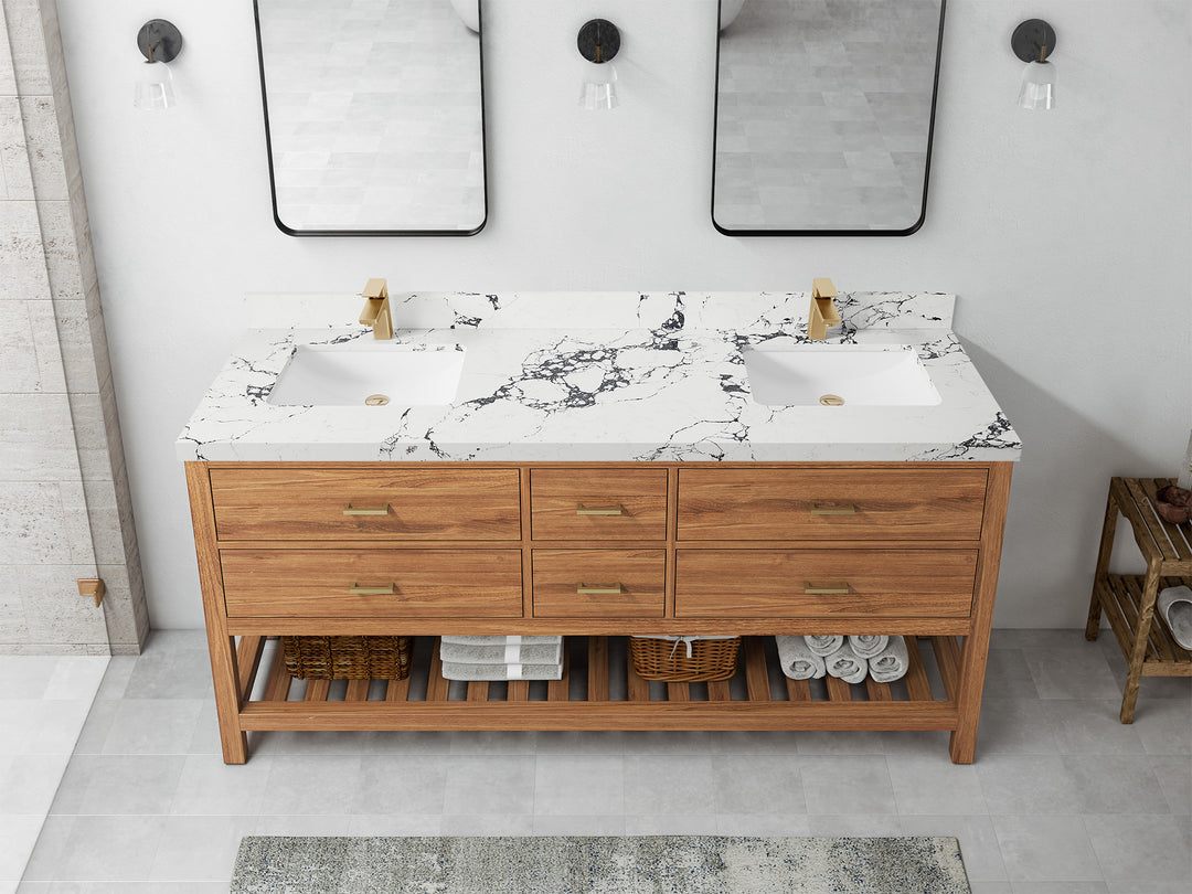 Parker Teak 72 in. W x 22 in. D double Sink Bathroom Vanity in Golden with 2 in Viola Night Quartz Countertop – Top View