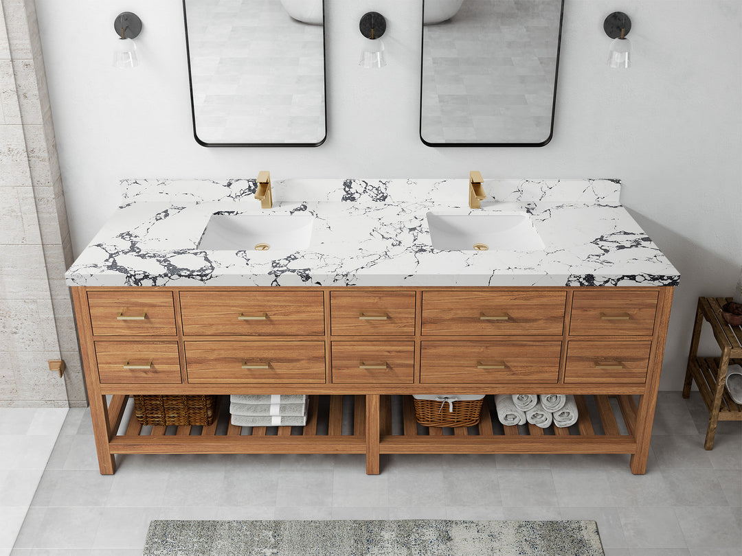 Parker Teak 84 in. W x 22 in. D double Sink Bathroom Vanity in Golden with 2 in Viola Night Quartz Countertop – Top View