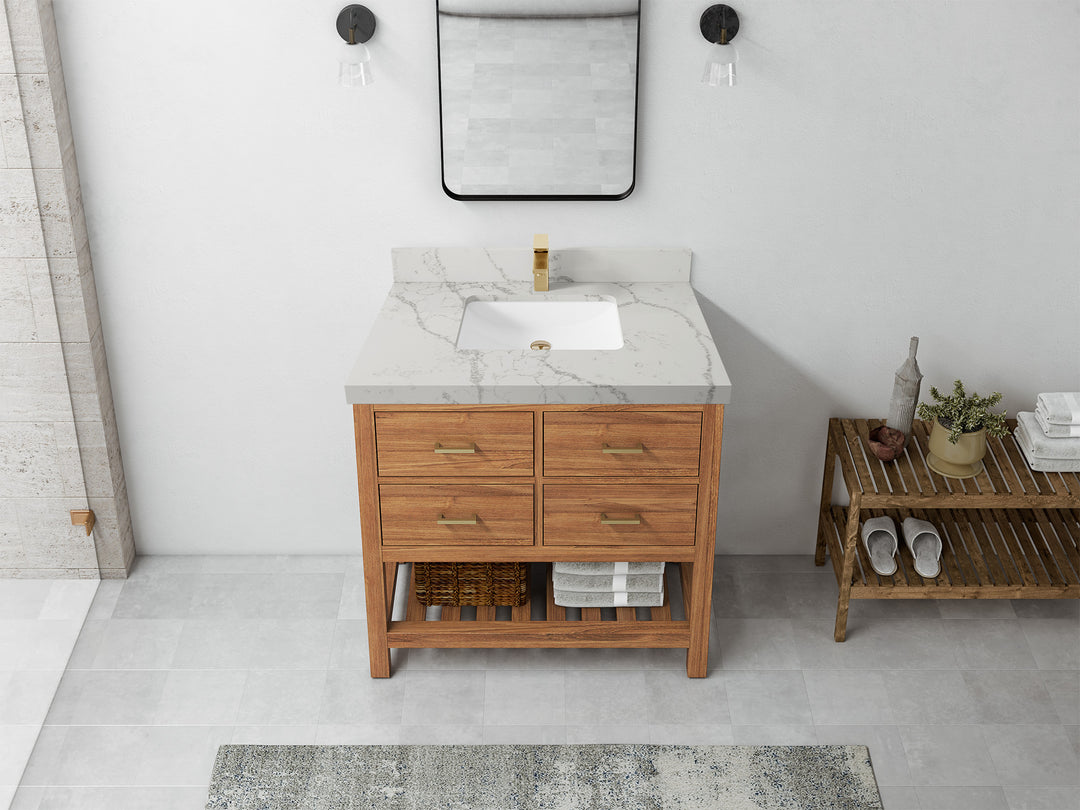 Parker Teak  36 in. W x 22 in. D Center Sink Bathroom Vanity in Golden with 2 in Venatino Quartz Countertop – Top View